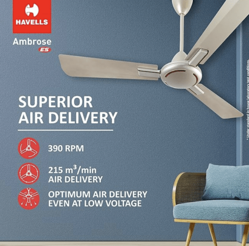 Havells 1200mm Ambrose ES Ceiling Fan | Premium Finish, Decorative Fan, Elegant Looks, High Air Delivery, Energy Saving, 100% Pure Copper Motor | 2 Year Warranty | (Pack of 1, Gold Mist Wood) - Image 3